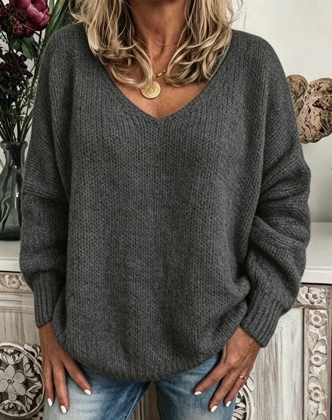 Damen Legerer V-Ausschnitt Pullover aus feiner Waffelstrickstruktur mit überschnittener Schulter Drune