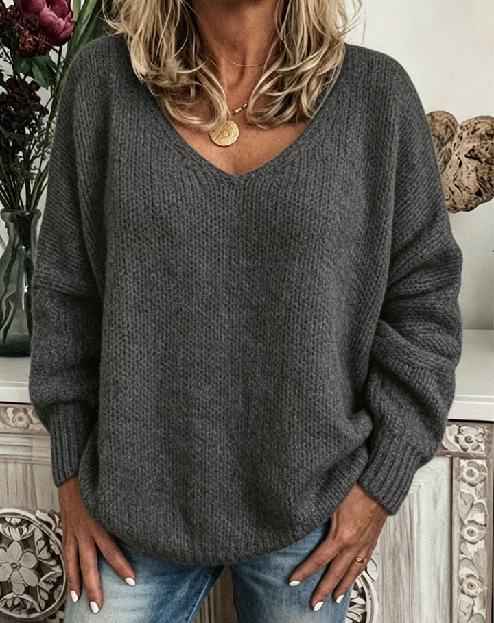 Damen Legerer V-Ausschnitt Pullover aus feiner Waffelstrickstruktur mit überschnittener Schulter Drune