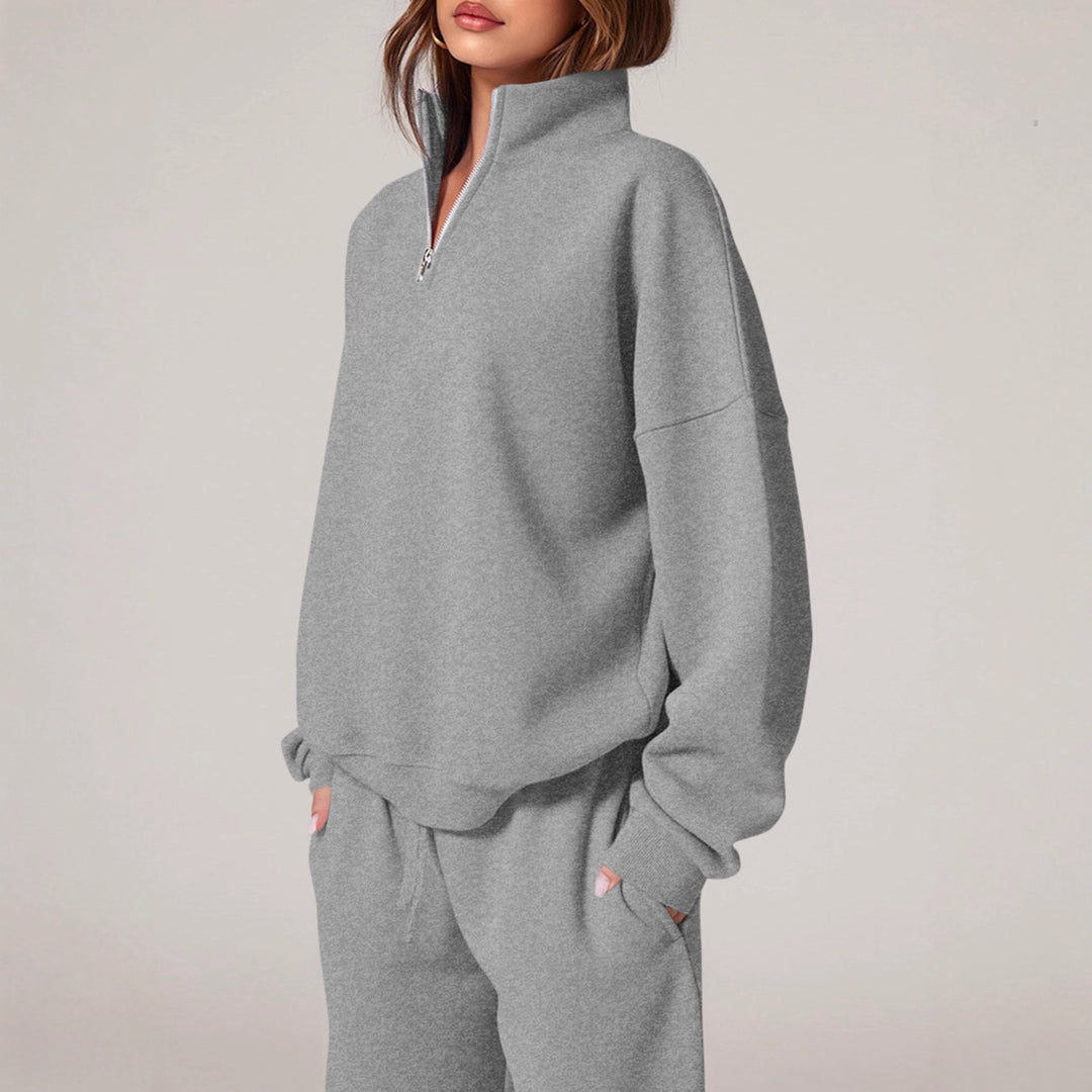 Damen lässiger Sweatpants-Set mit Stehkragen und Reißverschluss Drune