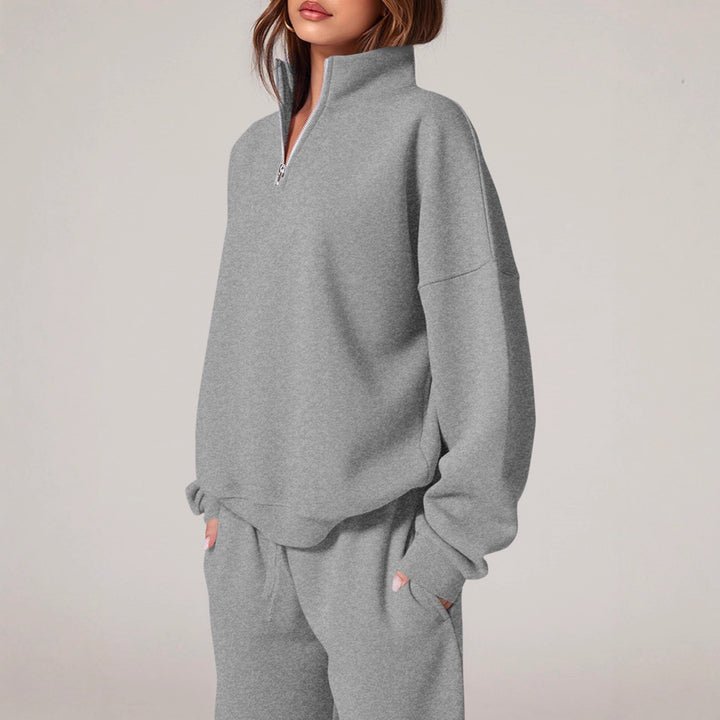 Damen lässiger Sweatpants-Set mit Stehkragen und Reißverschluss Drune