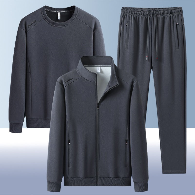 [Herren] Zweiteiliges Trainingsset mit Stehkragen-Zipjacke, Rundhals‑Sweatshirt und konisch geschnittener Jogginghose aus atmungsaktivem Fleece Drune