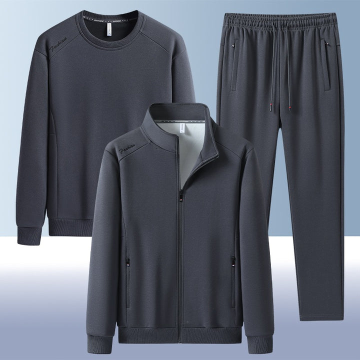 [Herren] Zweiteiliges Trainingsset mit Stehkragen-Zipjacke, Rundhals‑Sweatshirt und konisch geschnittener Jogginghose aus atmungsaktivem Fleece Drune