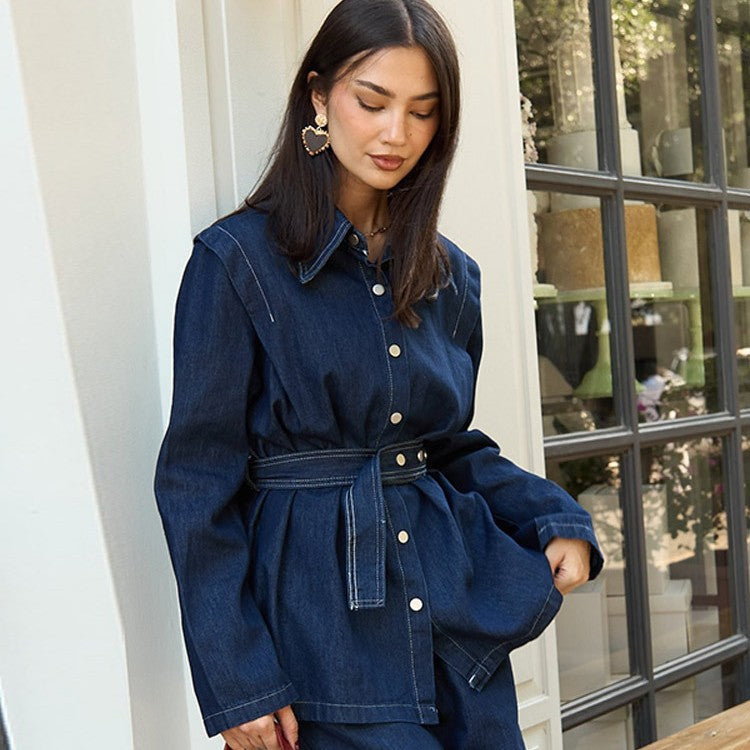 Damen Jeans-Set mit Gürtel und weitem Bein Drune