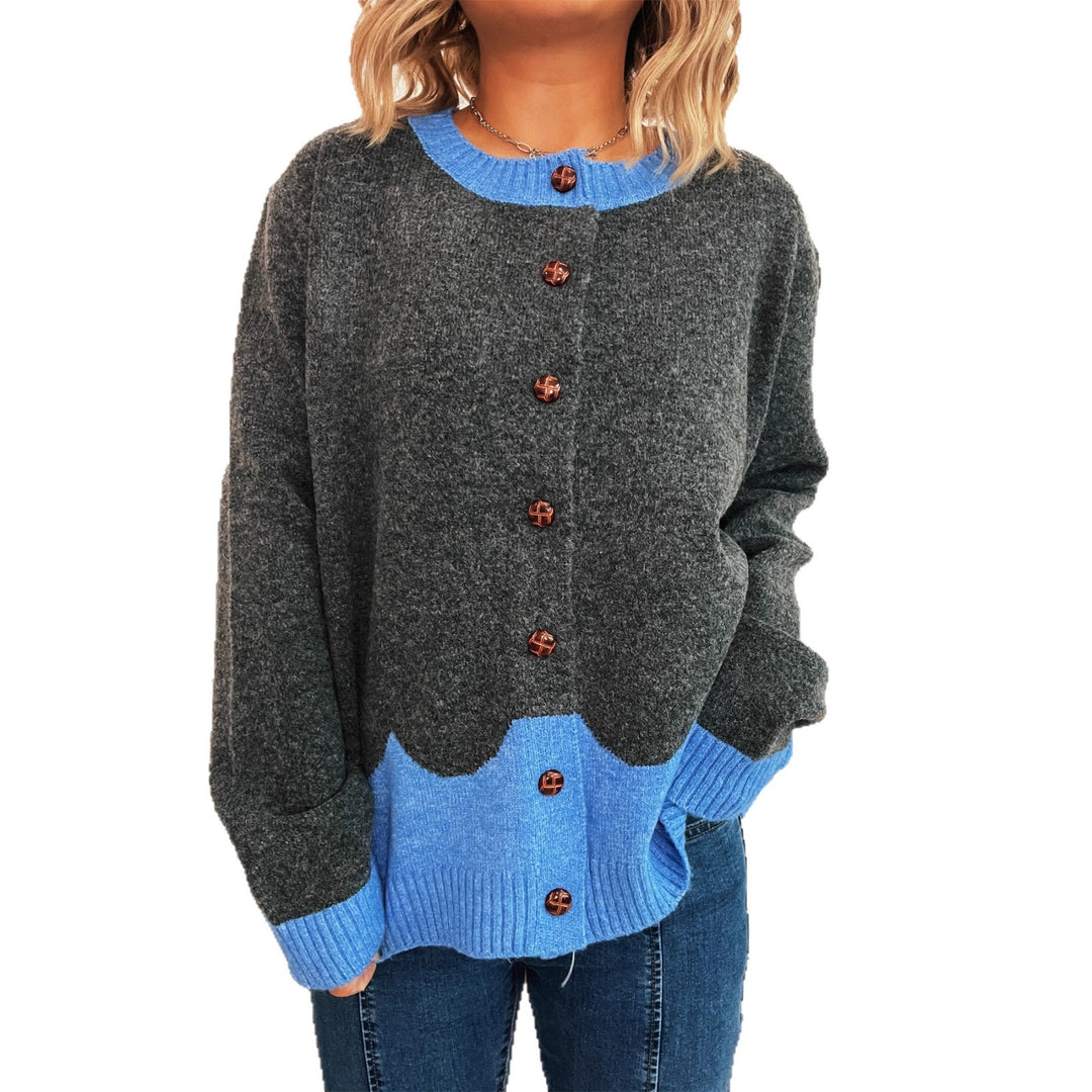 Damen lässige Strickjacke mit buntem Kontrast und eleganten Knopfdetails Drune