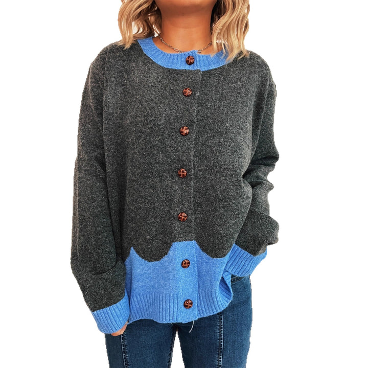 Damen lässige Strickjacke mit buntem Kontrast und eleganten Knopfdetails Drune