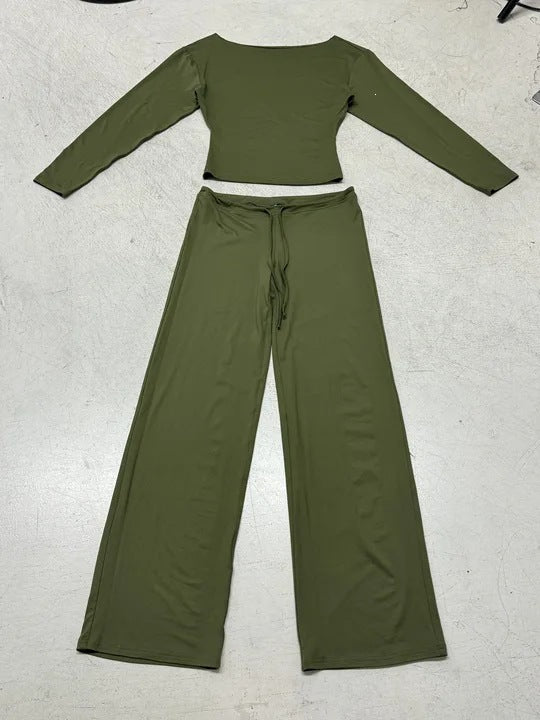 Damen Lounge-Set mit Off-Shoulder-Stretchtop und weiter Kordelbundhose Drune