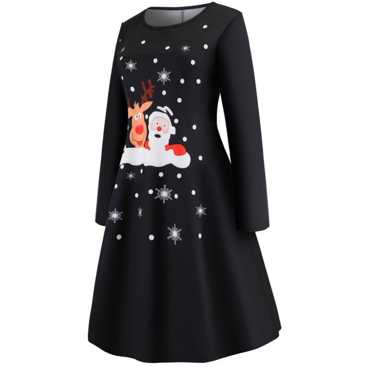 Damen Festliches A-Linien-Kleid mit Weihnachtsprint, Langarm und ausgestelltem Rock Drune