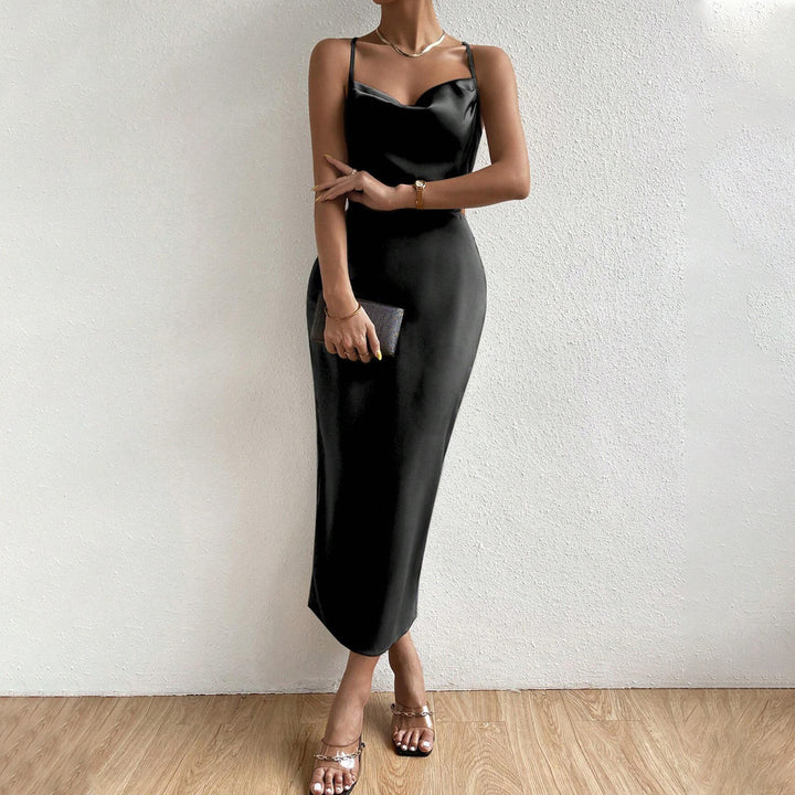 Damen Elegantes Satin-Maxikleid mit schickem V-Ausschnitt und feinen Trägern Drune