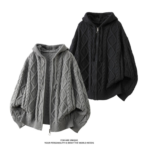 Damen Oversize Kapuzencardigan mit Zopfmuster und Frontreißverschluss Drune