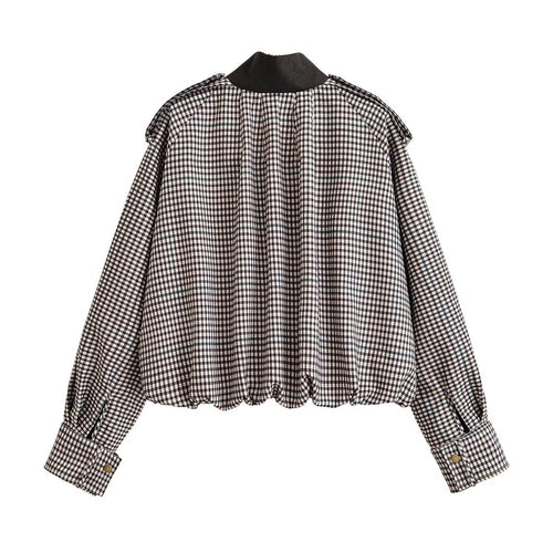 Damen Karierte Cropped-Boxy-Jacke mit Stehkragen, Pattentaschen und elastischem Saum Drune