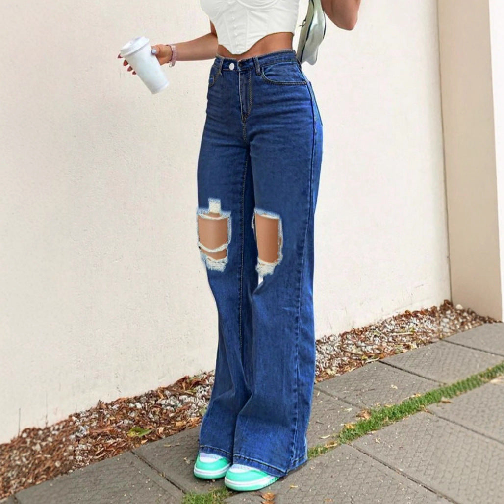Damen High-Waist Flared-Jeans im Retro-Bootcut mit kniehohen Cut-Outs und Five-Pocket-Design Drune