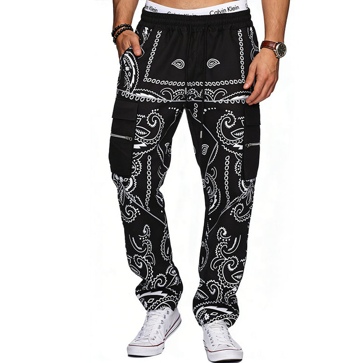 Herren nan Cargo-Jogginghose mit Paisley-Muster, elastischem Bund, multiple Reißverschluss- und Klappentaschen Drune