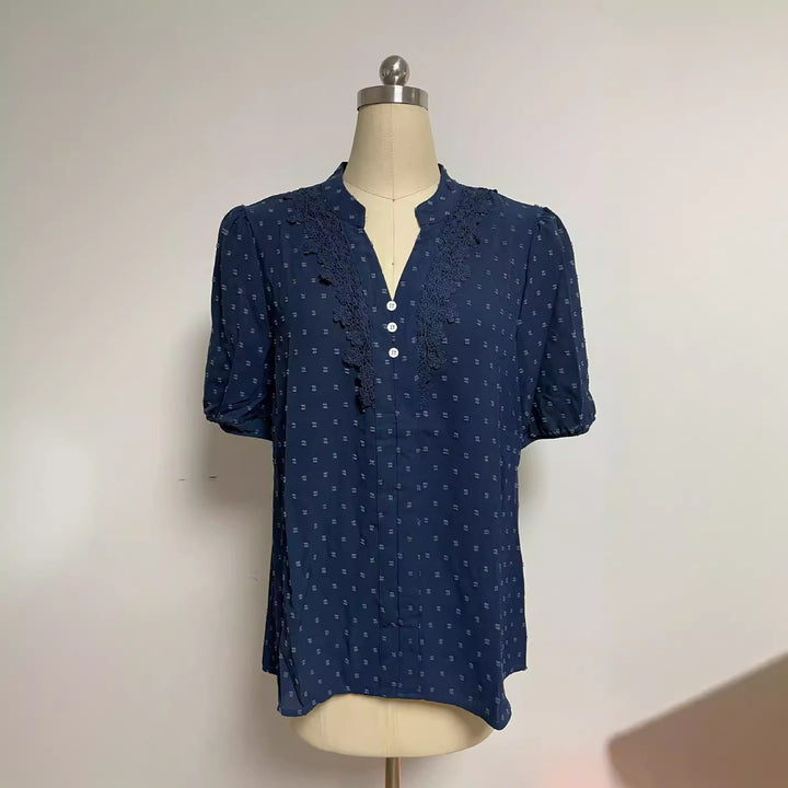 Damen nan semitransparente Dobby-Bluse mit Stehkragen, Häkelblende und Puffärmeln Drune