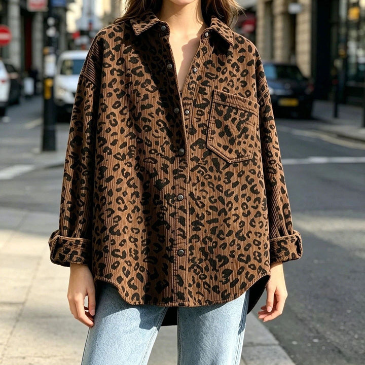 Damen Oversize Cord-Hemdenjacke mit Leopardenmuster und Druckknöpfen Drune