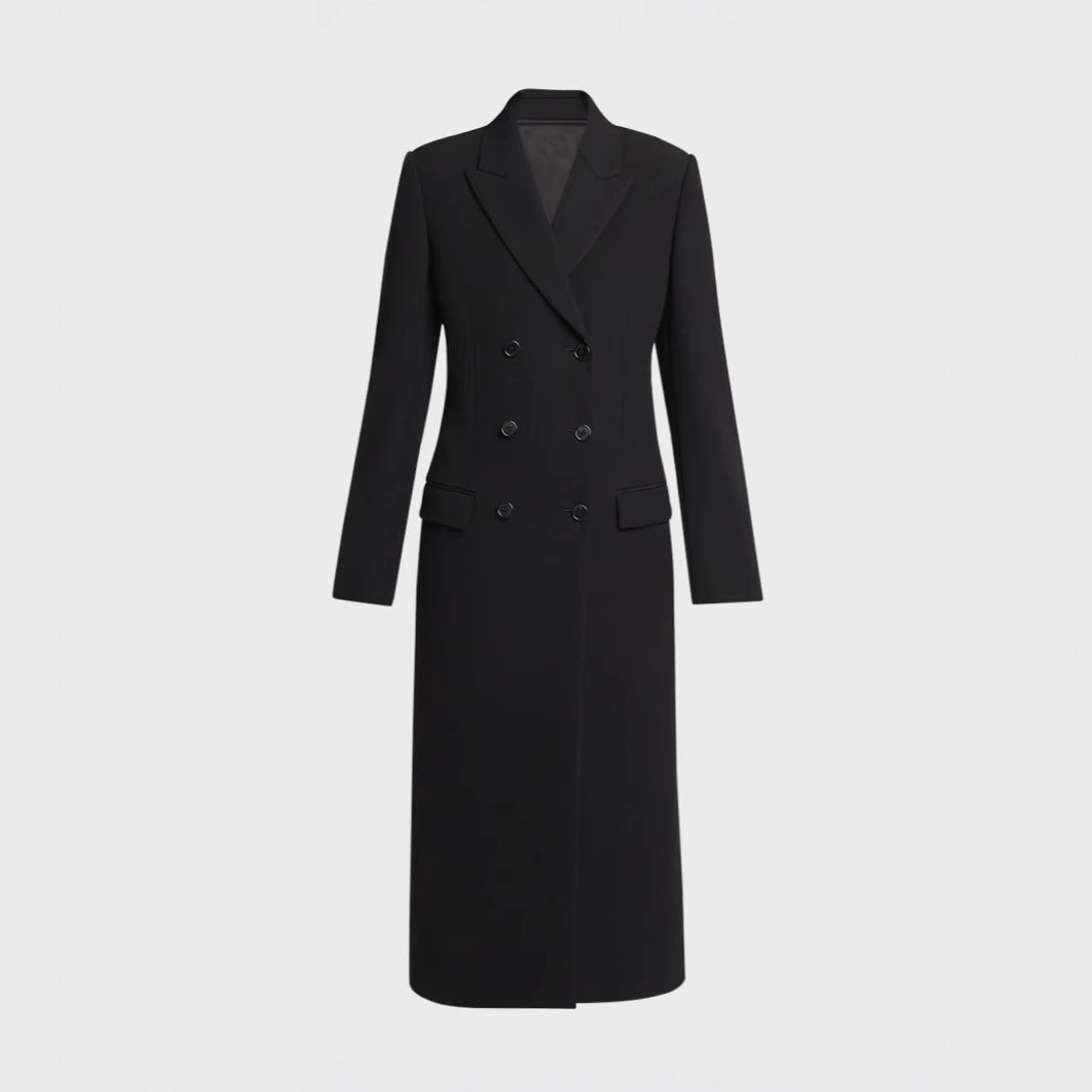 Damen Midilanger Doppelreihiger Blazer‑Mantel mit strukturierter Schulter und schlanker Passform Drune