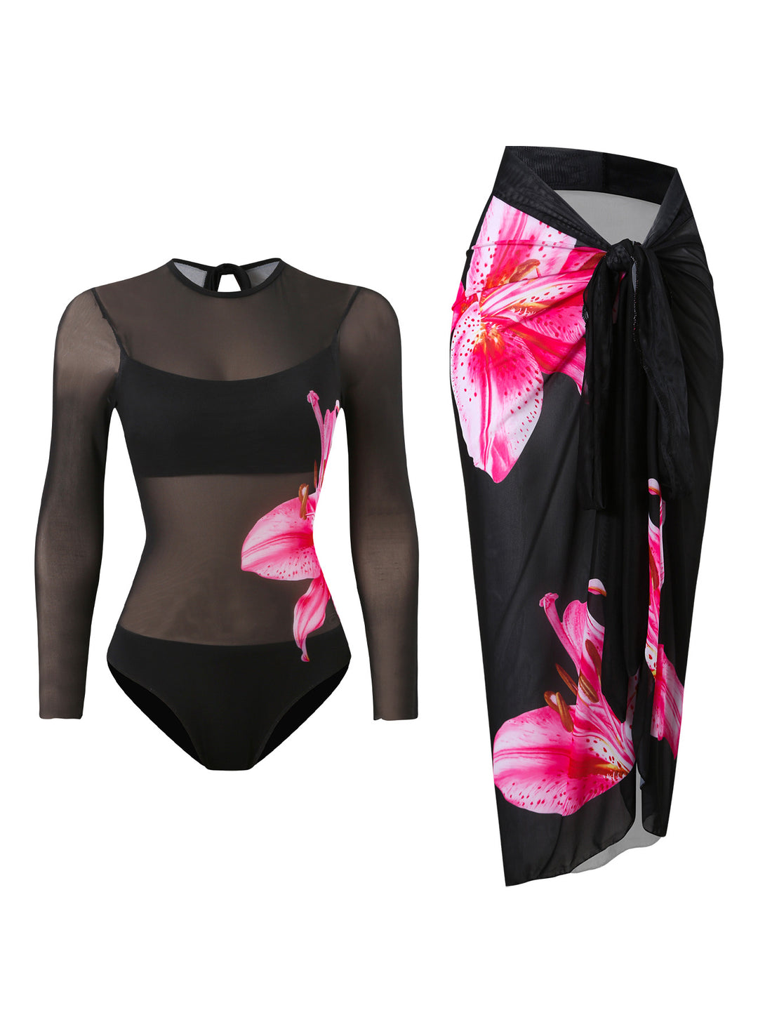 Damen Badeset mit floralem Langarm-Oberteil und raffiniertem Wickelrock Drune