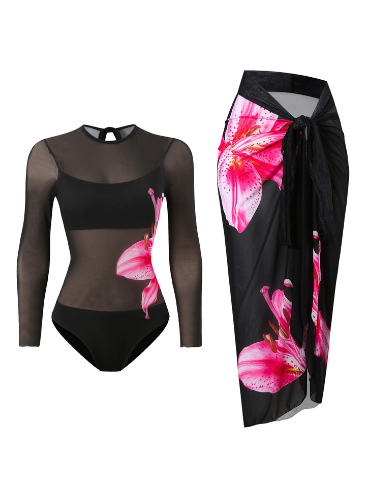 Damen Badeset mit floralem Langarm-Oberteil und raffiniertem Wickelrock Drune