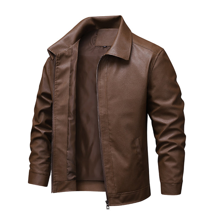 Herren Slim-Fit Kunstleder-Fliegerjacke mit Hemdkragen und Reißverschluss Drune