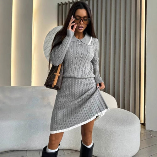 Damen Zweiteiliges Zopfstrick-Kleid mit Taillenbund und Polokragen Drune