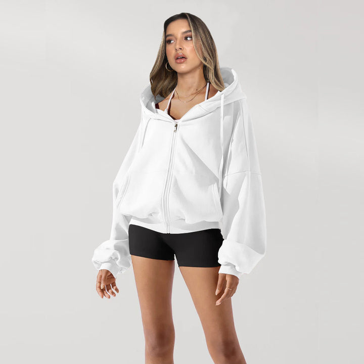 Damen Oversized Kapuzenjacke mit Reißverschluss und Puffärmeln Drune