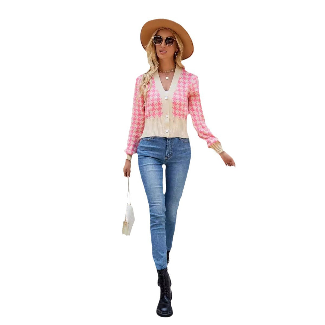Damen modische Strickjacke mit klassischer Hahnentritt-Optik und großen Knopfdetails Drune