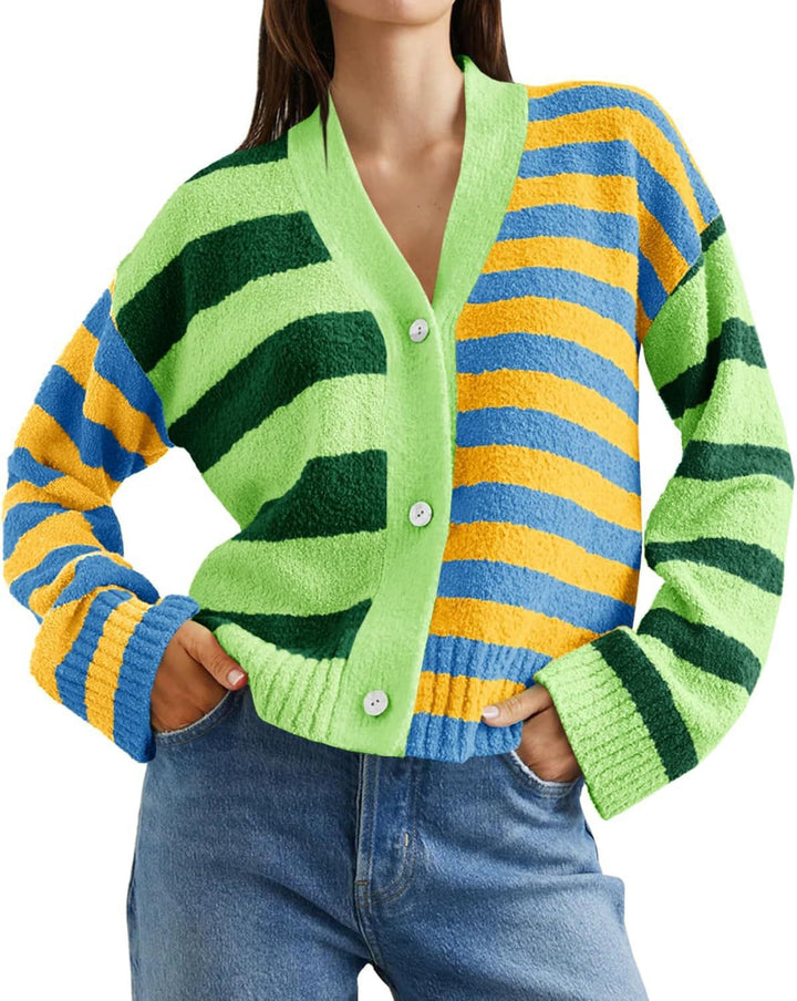 Damen lockerer gestreifter Frottee-Cardigan mit V-Ausschnitt und Knopfleiste Drune