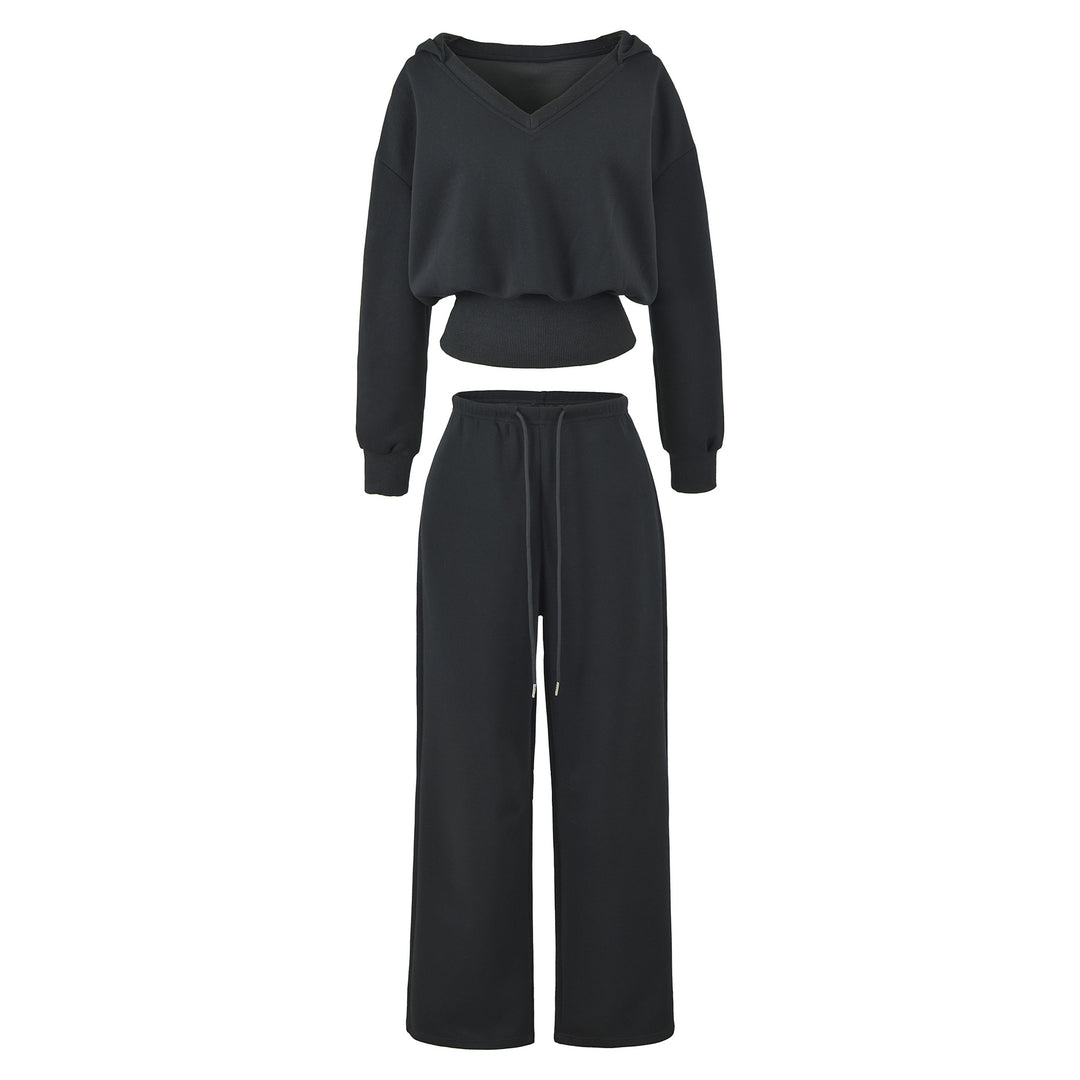 Damen Komfort-Lounge-Set mit kurzem V-Kapuzenpullover und hochgeschnittenen Weitbein-Joggern Drune