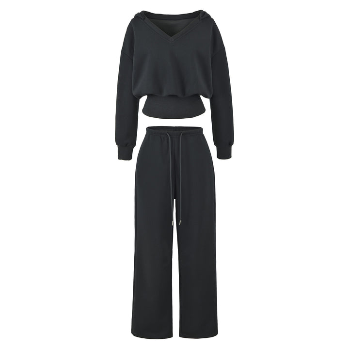 Damen Komfort-Lounge-Set mit kurzem V-Kapuzenpullover und hochgeschnittenen Weitbein-Joggern Drune
