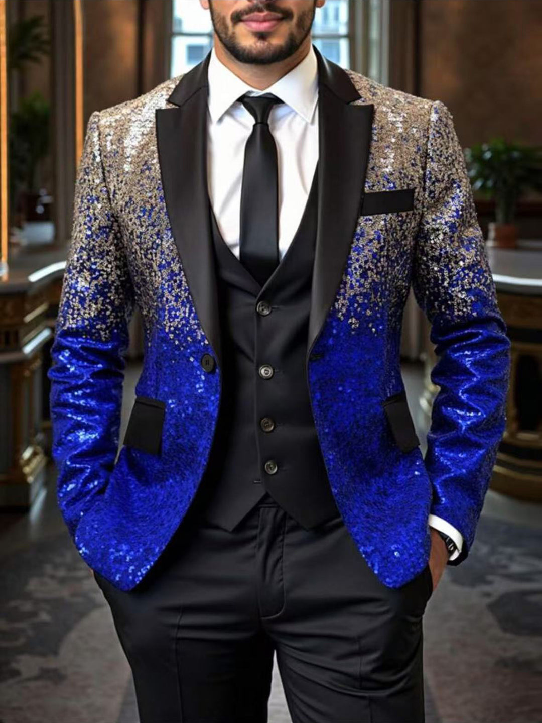 Herren Pailletten‑Sakko mit Satin‑Schalkragen und tailliertem Schnitt Drune