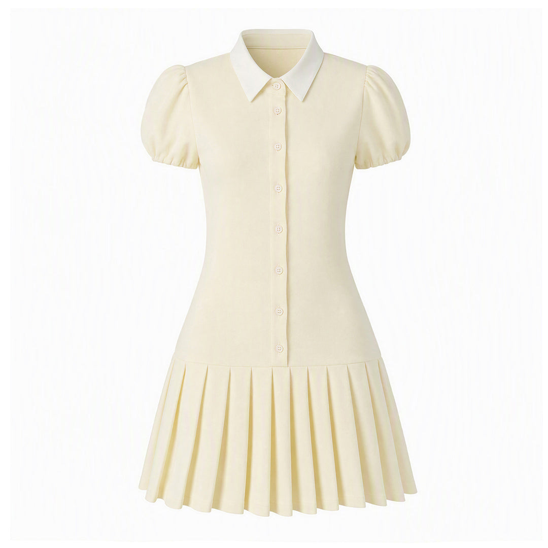 Damen Figurbetontes Hemdblusenkleid mit Puffärmeln und plissiertem Faltenrock Drune