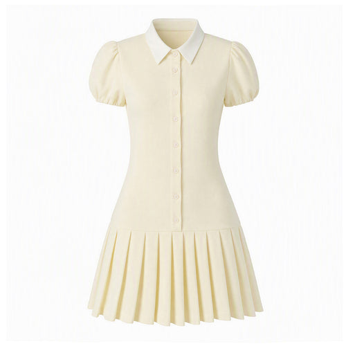 Damen Figurbetontes Hemdblusenkleid mit Puffärmeln und plissiertem Faltenrock Drune