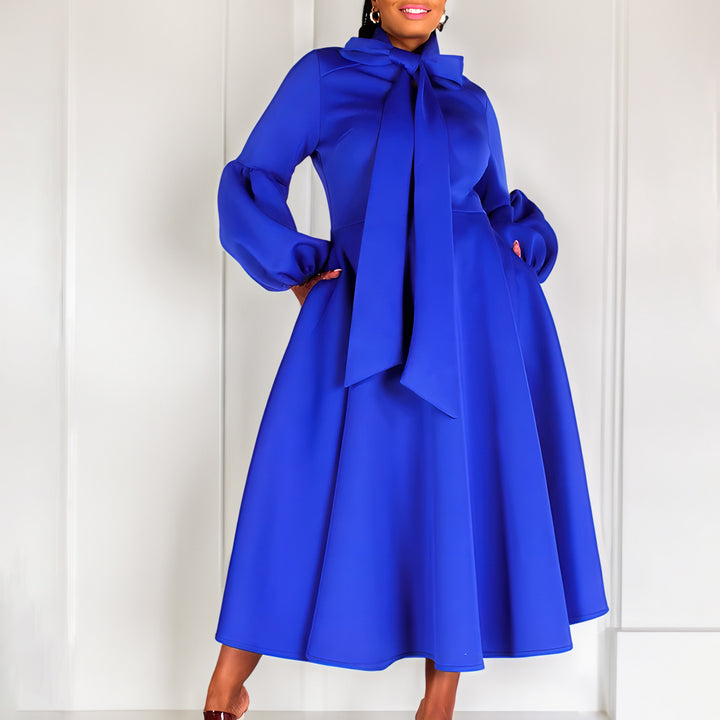 Damen Midi-Dress mit langen Puffärmeln und eleganter Schleife Drune