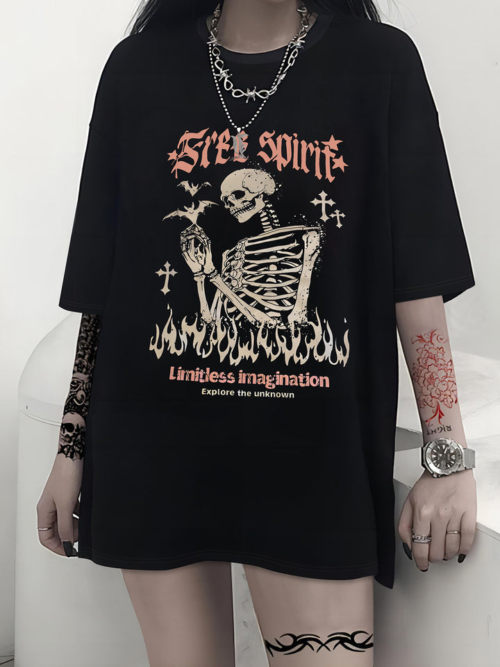 Damen T-Shirt mit künstlerischem Skelettmotiv und einzigartigem Druck Drune
