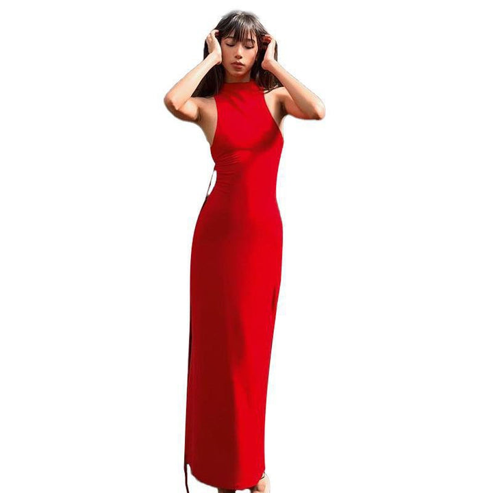 Damen Elegantes Maxikleid mit Cut-Out-Details und asymmetrischem Kragen Drune