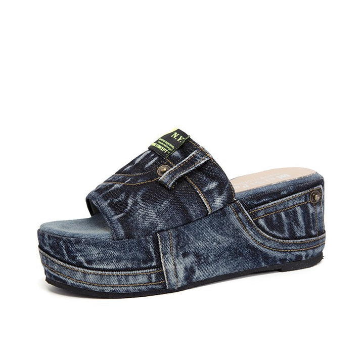 Damen nan Denim-Optik Plateau-Pantolette mit offener Zehenpartie und gepolstertem Fußbett Drune