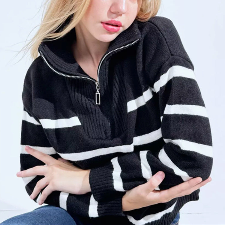 Damen Gestreifter Strickpullover mit kurzem Reißverschluss und Polokragen Drune