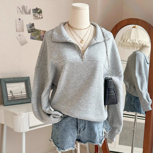 Damen nan Oversize Sweatshirt mit halbem Reißverschluss, Stehkragen und Ballonärmeln Drune