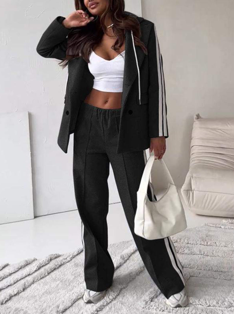 Damen nan sportlich-elegantes Blazer-Zweiteiler mit Kapuzenblazer und weiter Trainingshose mit seitlichem Streifen Drune
