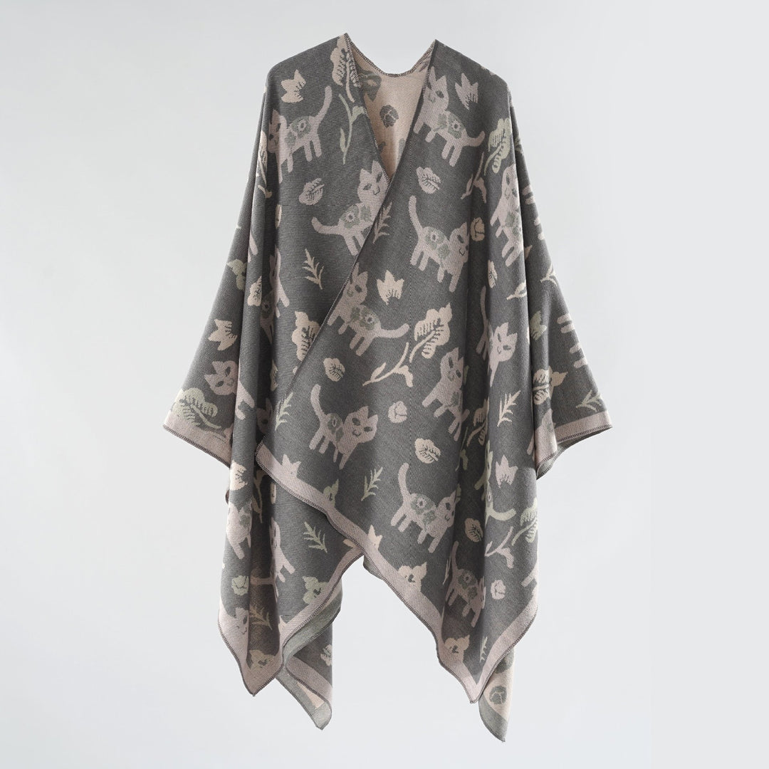 Damen Oversized Ruana im Jacquard mit Katzen- & Blumenmotiv Drune