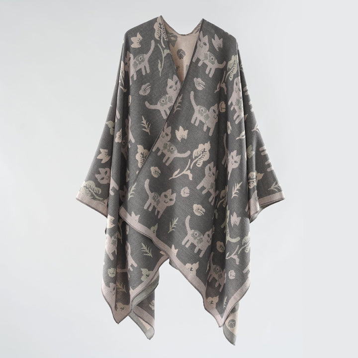 Damen Oversized Ruana im Jacquard mit Katzen- & Blumenmotiv Drune