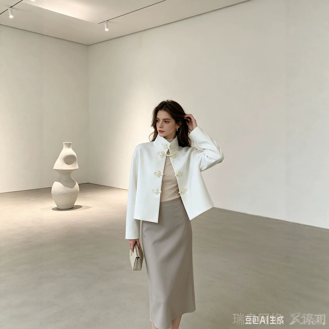 Damen Cropped-Jacke im Mandarin-Stil mit dekorativen Froschverschlüssen und kastigem Schnitt Drune