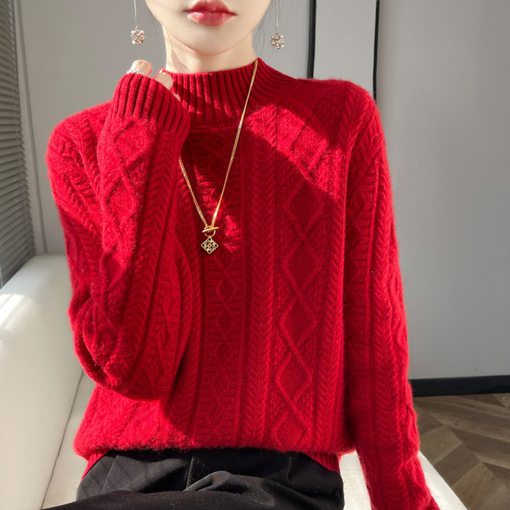 Damen Zopfmuster-Mockneckpullover mit feinem Ajour‑Detail und flauschiger Kaschmir‑Optik Drune