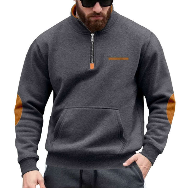 Herren nan Halbzip-Sweatpullover mit Stehkragen, Kängurutasche und Ellenbogenbesatz Drune