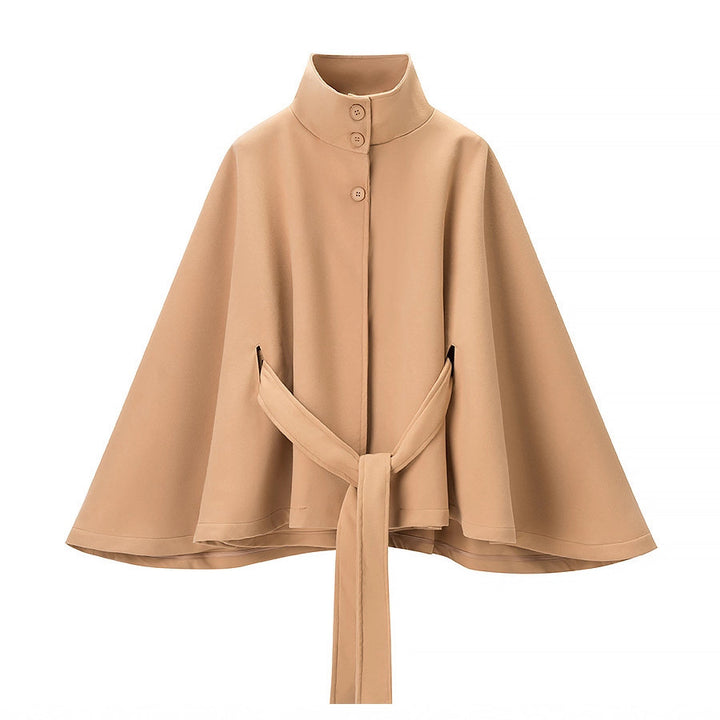 Damen Kurzer Cape-Mantel mit Stehkragen, verdeckter Knopfleiste und Bindegürtel Drune