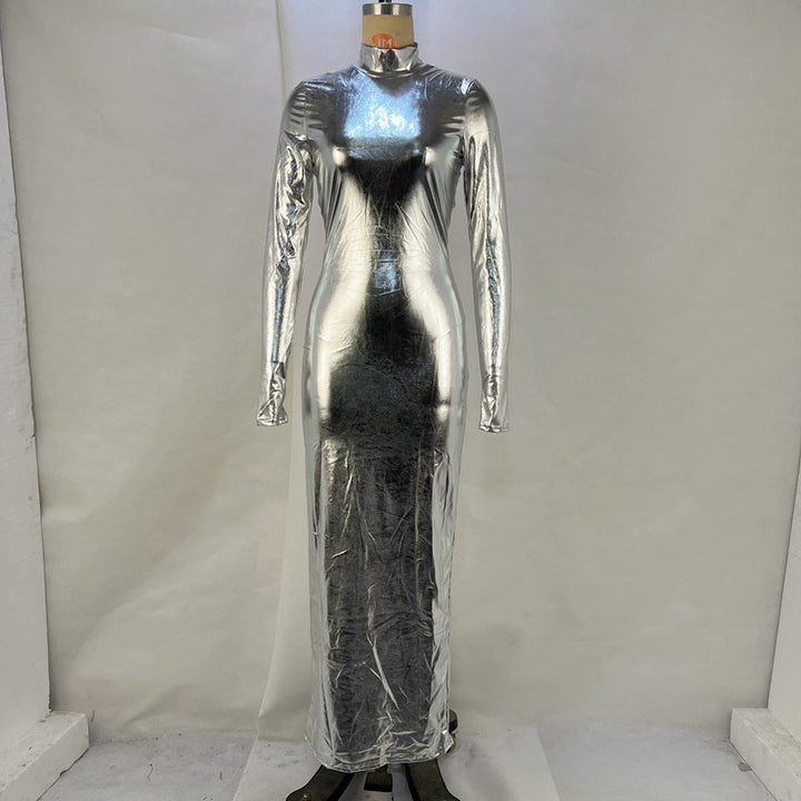 Damen Glänzendes Langarm-Maxi-Kleid mit hohem Kragen und figurbetontem Design Drune