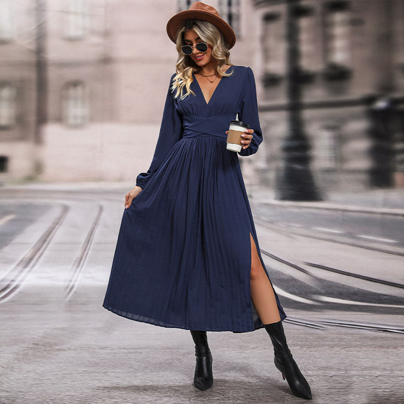 Damen Langes Viskose-Maxikleid mit Wickel-Taille, tiefem V‑Ausschnitt und hohem Beinschlitz Drune