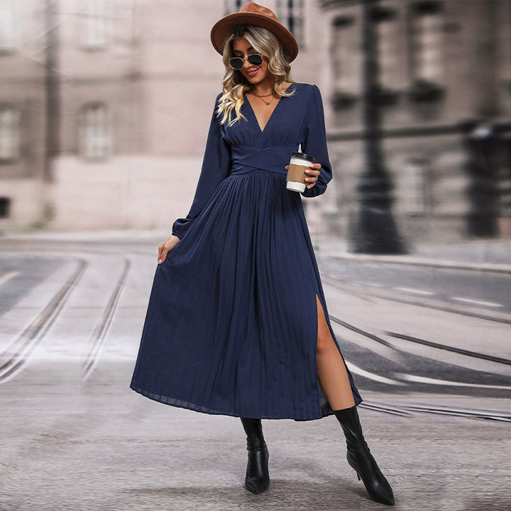 Damen Langes Viskose-Maxikleid mit Wickel-Taille, tiefem V‑Ausschnitt und hohem Beinschlitz Drune