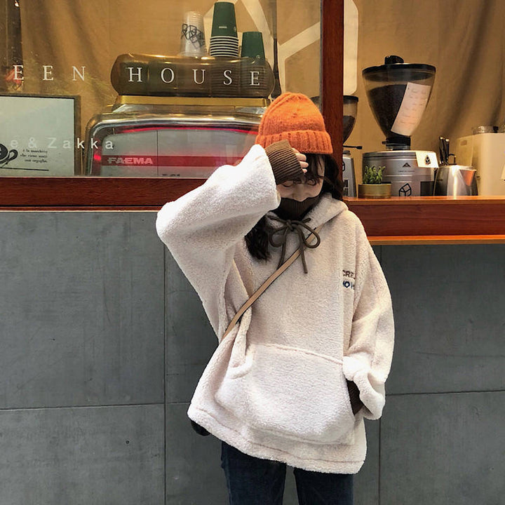 Damen kuscheliger Kapuzenpullover im Oversized-Stil mit vorderer Kängurutasche und elastischen Bündchen Drune