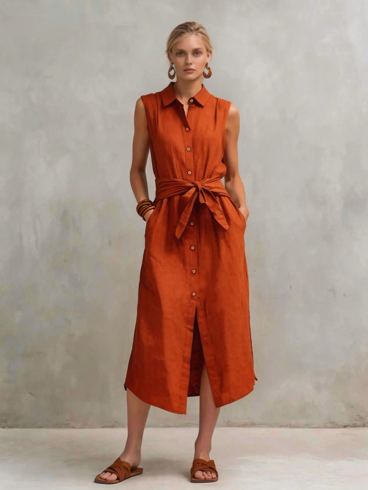 Damen Ärmelloses Hemdblusenkleid mit Wickelbund und Eingrifftaschen