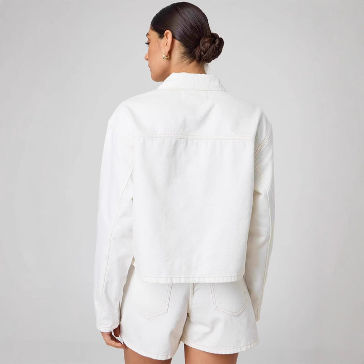 Damen nan kurze Denimjacke mit dekorativen Knotenverschlüssen, kastiger Silhouette und Hemdkragen Drune